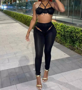 Women Sexy Sleeveless Solid Color Two Piece Cut Out Pant Set