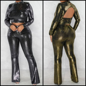 Women Sexy Sequins Full Sleeve Open Back Crop Two Piece Pant Set