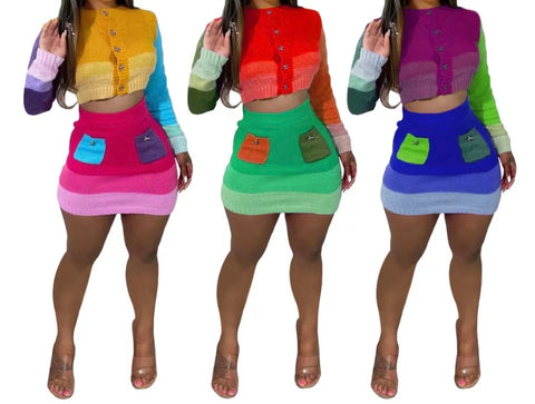 Women Sexy Button Up Color Patchwork Two Piece Skirt Set