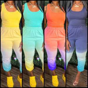 Women Sleeveless Tie Dye Fashion Two Piece Pant Set