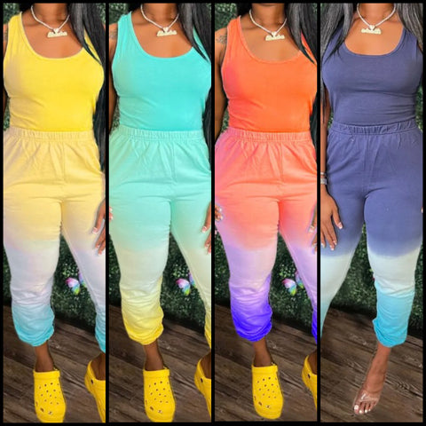 Women Sleeveless Tie Dye Fashion Two Piece Pant Set
