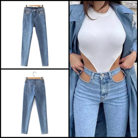 Women Fashion Cut Out Denim Pants