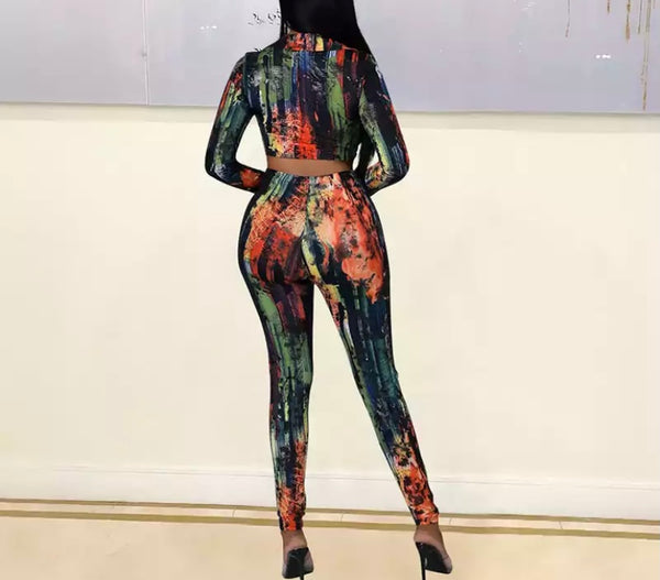 Women Sexy Multicolored Two Piece Long Sleeve Pant Set