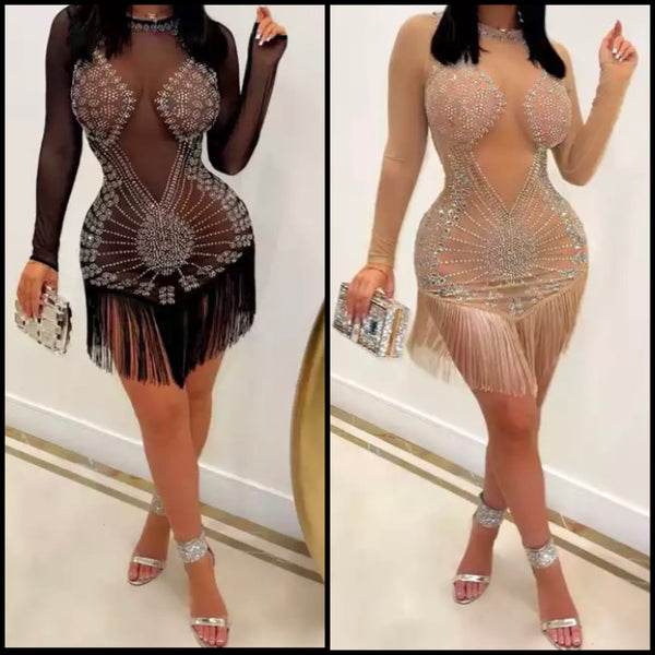 Women Sexy Mesh Bling Tassel Full Sleeve Dress