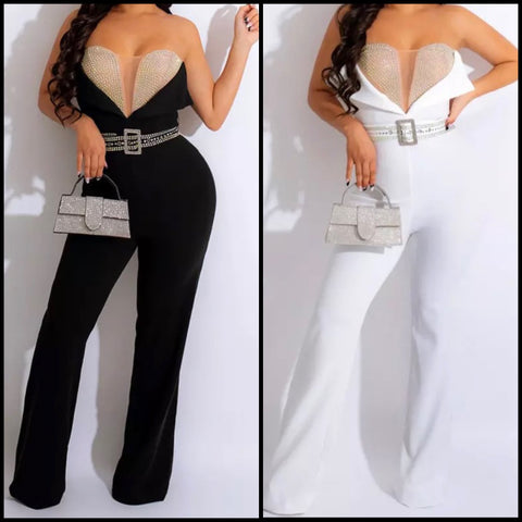 Women Strapless Sexy Bling Belted Jumpsuit