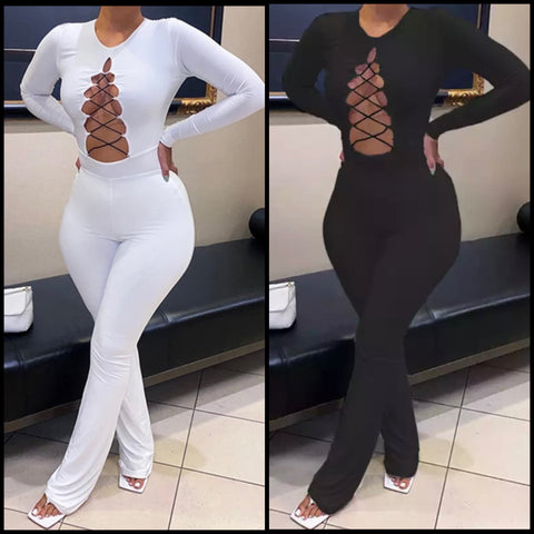 Women Sexy Fashion Full Sleeve Cut Out Lace Up Jumpsuit