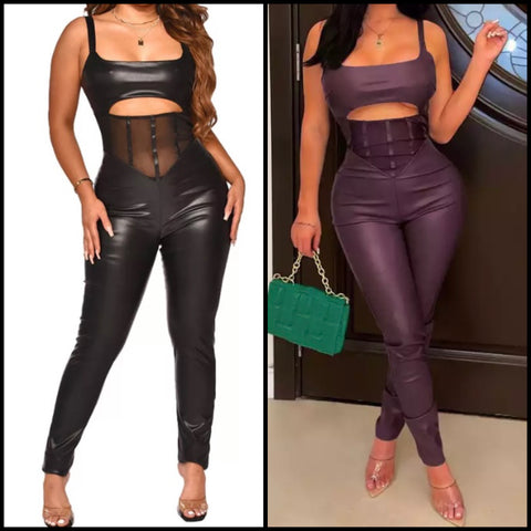 Women Sexy Sleeveless PU Mesh Patchwork Jumpsuit