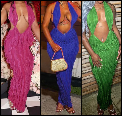 Women Sexy Sleeveless Halter Solid Color Maxi Dress