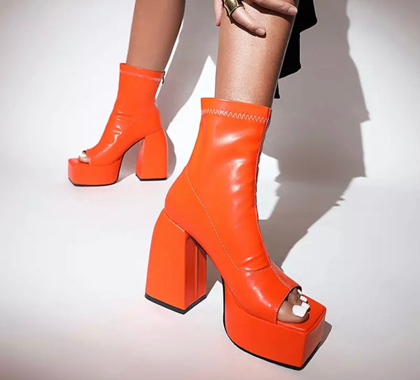 Women Fashion PU Open Toe Platform Ankle Boots