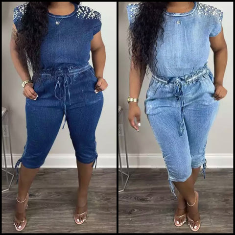 Women Fashion Pearl Drawstring Denim Romper