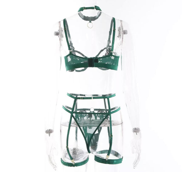 Women Sexy Green Floral Mesh Lingerie Set