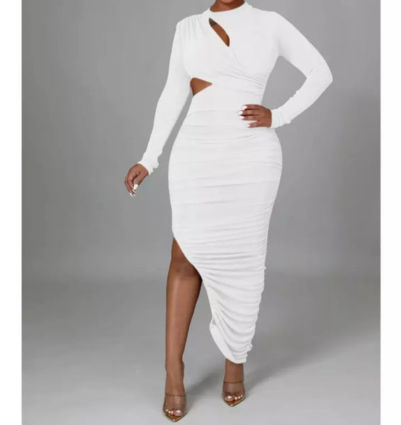 Women Sexy Ruched Asymmetrical Full Sleeve Cut Out Dress