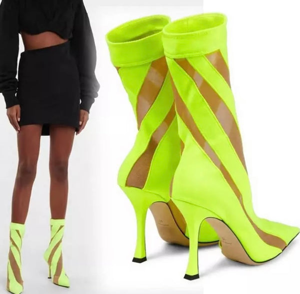 Women Pointed Toe Mesh Patchwork Fashion High Heel Ankle Boots