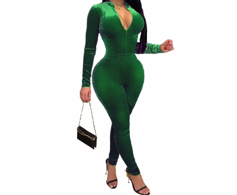 Women Front Zipper Fashion Velour Sexy Jumpsuit