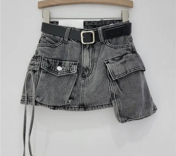Women Pocket Fashion Tie Up Denim Skirt