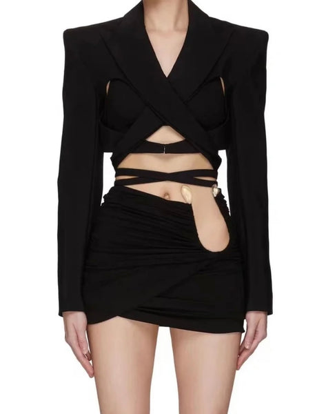 Women Sexy Black Full Sleeve Cut Out Lace Up Blazer Crop Top