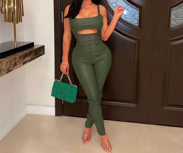 Women Sexy Sleeveless PU Fashion Jumpsuit