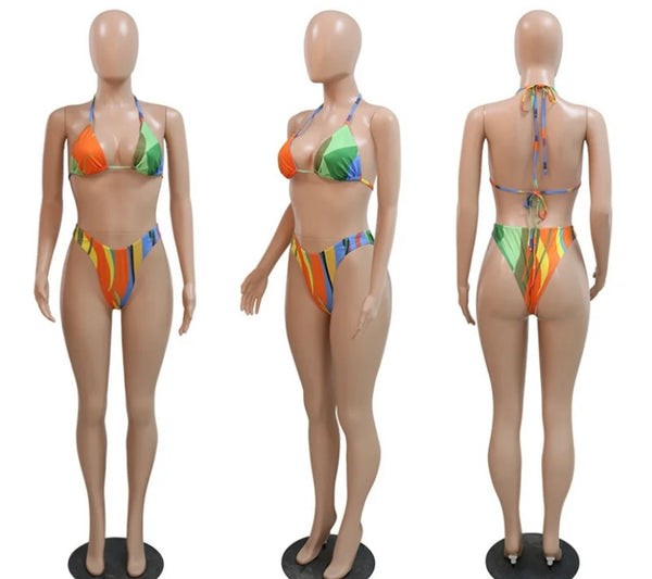 Women Sexy Multicolored Lace Up Bikini Cover Up Set