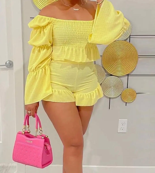 Women Ruffled Off The Shoulder Full Sleeve Two Piece Short Set