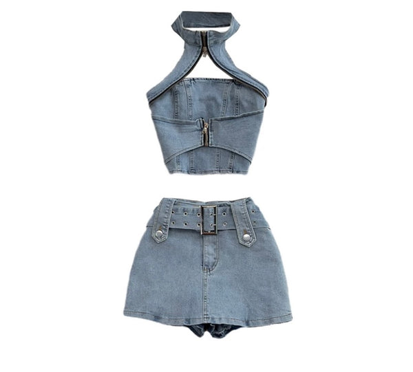 Women Halter Zipper Denim Two Piece Skirt Set