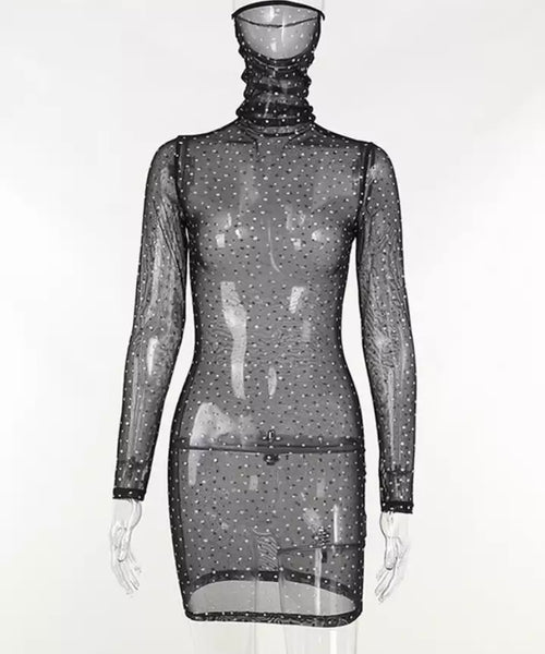 Women Sexy Mesh Bling Mask Long Sleeve Dress