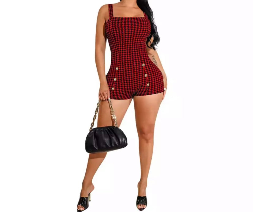 Women Checkered Button Sleeveless Sexy Romper