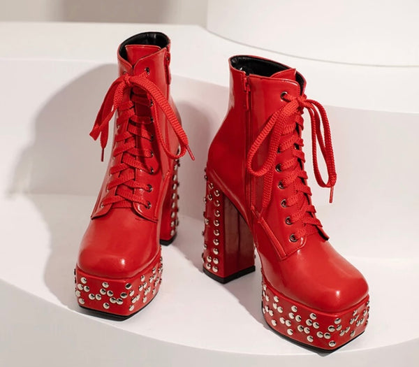 Women PU Rivet Platform Lace Up Ankle Boots