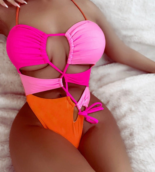 Women Sexy Color Patchwork Tie Up Swimsuit