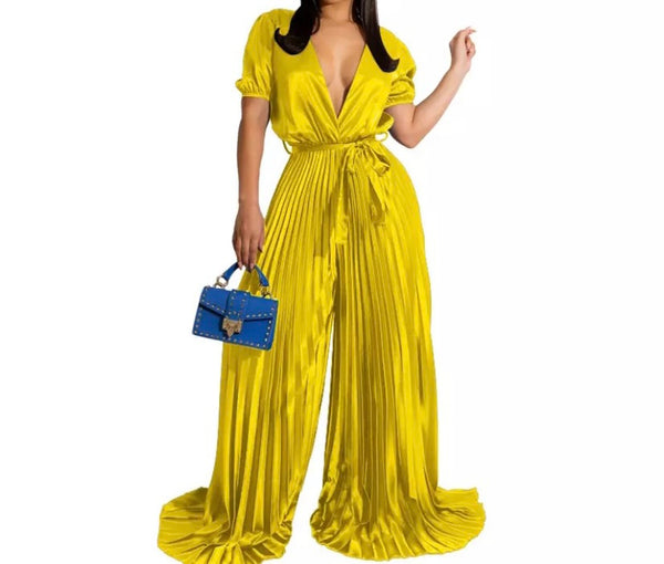 Women Sexy Short Sleeve Pleated Wide Leg Jumpsuit