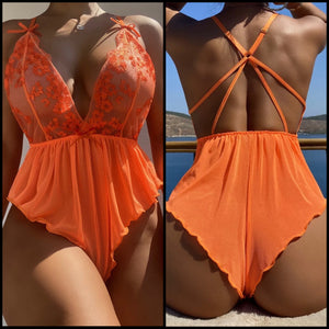 Women Orange Sexy Floral Lace Patchwork Bodysuit Lingerie