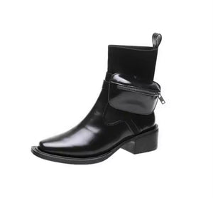 Women Black Buckled Pocket Fashion Ankle Boots