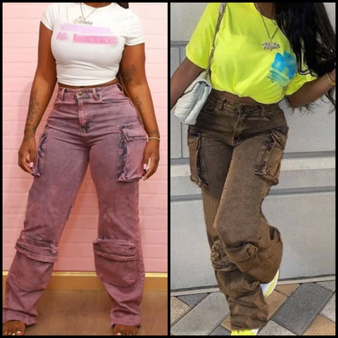 Women Color Fashion Pocket Denim Pants