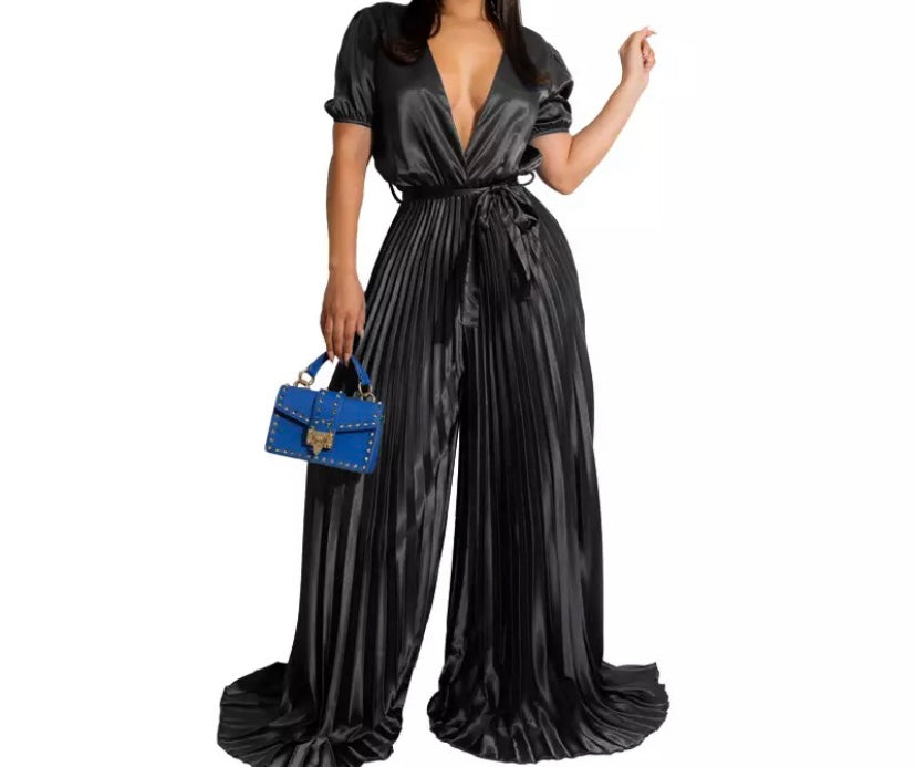 Women Sexy Short Sleeve Pleated Wide Leg Jumpsuit