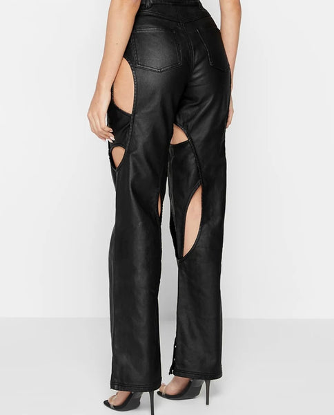 Women Sexy Fashion Faux Leather Cut Out Pants