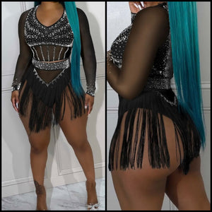 Women Sexy Bling Mesh Tassel Two Piece Short Set