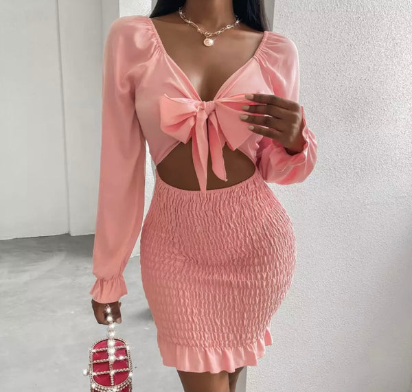 Women Sexy Bow Cut Out Full Sleeve Dress