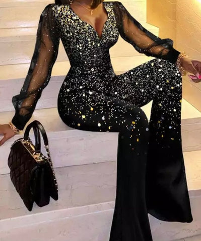 Women Sexy Printed Mesh Full Sleeve Jumpsuit