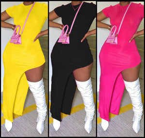 Women Sexy Solid Color Short Sleeve Asymmetrical Dress