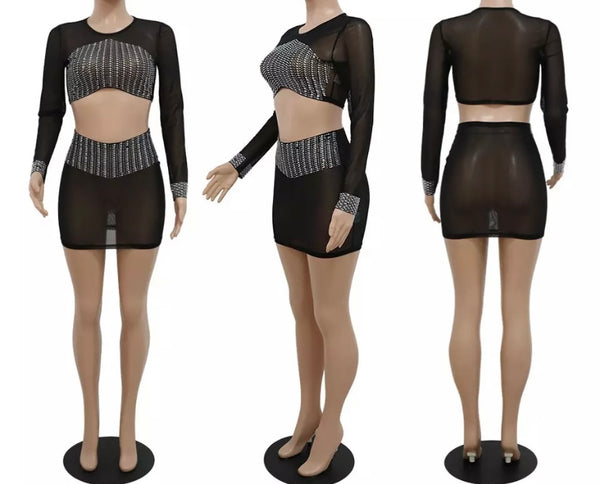 Women Sexy Black Mesh Bling Full Sleeve Crop Two Piece Skirt Set