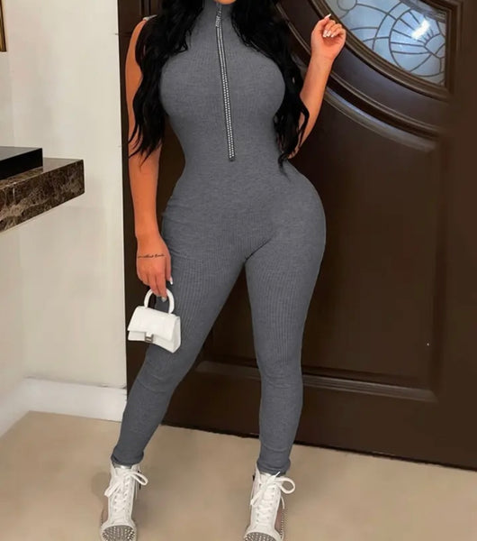 Women Sleeveless Fashion Front Zipper Jumpsuit