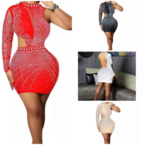 Women Sexy One Shoulder Open Back Bling Dress