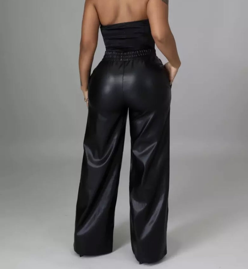 Women Fashion Black Faux Leather Elastic Waist Wide Leg Pants