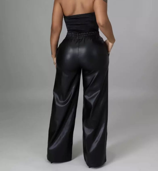 Women Fashion Black Faux Leather Elastic Waist Wide Leg Pants