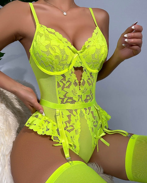 Women Sexy Mesh Lace Ruffled Bodysuit Lingerie