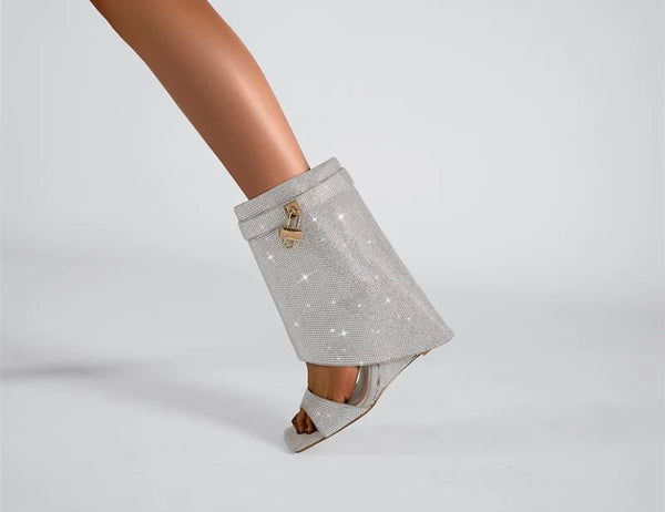 Women Bling Lock Open Toe Wedge Ankle Boots