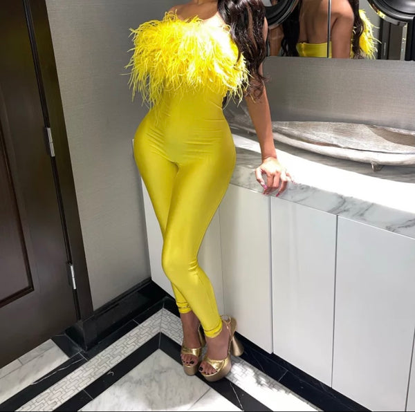 Women Sexy Strapless Feather Fashion Jumpsuit