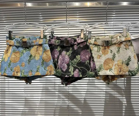 Women Floral Fashion Belted Wrap Shorts