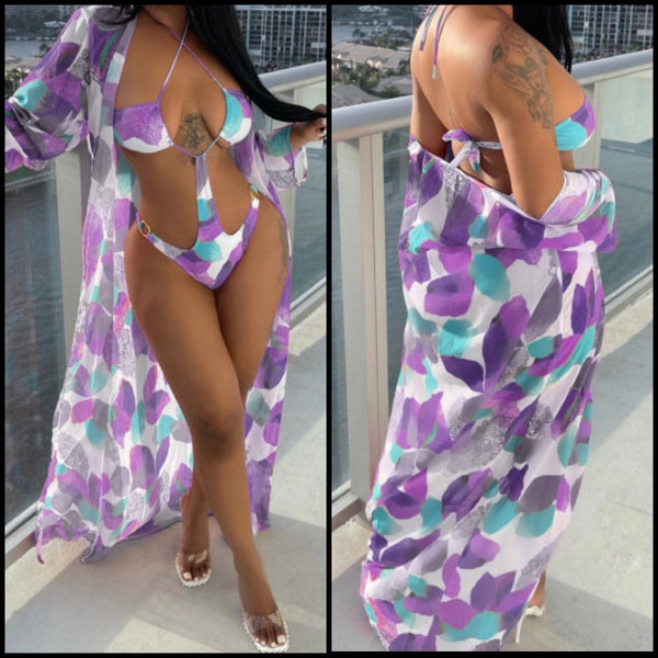 Women Sexy Cut Out Printed Swimsuit Cover Up Set