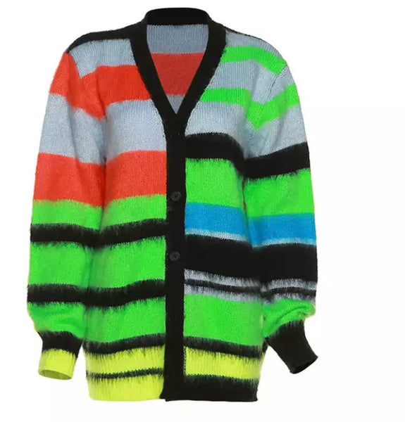 Women Button Up Multicolored Mohair Sweater