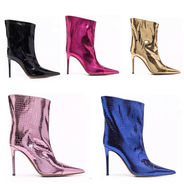 Women Fashion Metallic Pointed Toe Ankle Boots